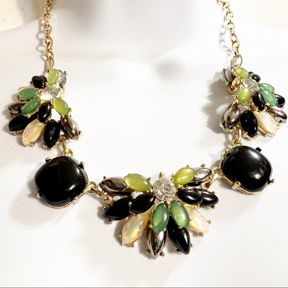 Vintage Colorful Collar Necklace Prong Set Goldtone Chain Green Yellow Black